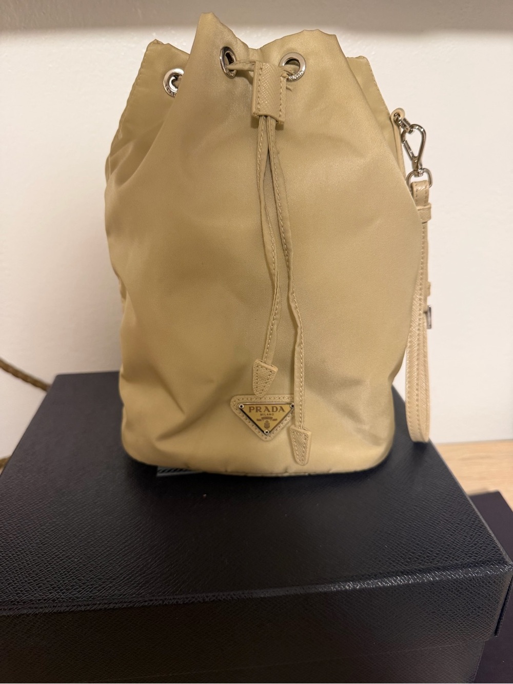 Prada Light Beige Nylon Drawstring Mini Bucket Bag
